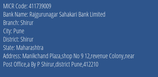Rajgurunagar Sahakari Bank Limited Shirur MICR Code