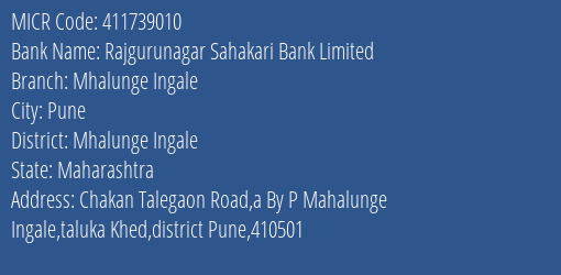 Rajgurunagar Sahakari Bank Limited Mhalunge Ingale MICR Code