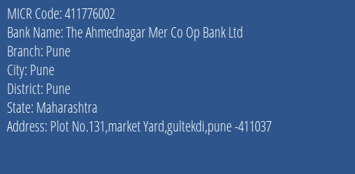 The Ahmednagar Mer Co Op Bank Ltd Pune MICR Code
