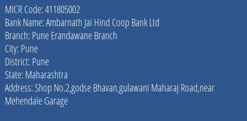 Ambarnath Jai Hind Coop Bank Ltd Pune Erandawane Branch MICR Code