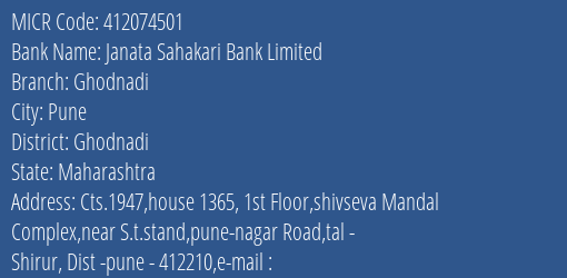 Janata Sahakari Bank Limited Ghodnadi MICR Code