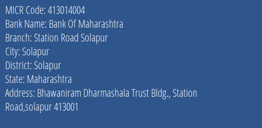 Bank Of Maharashtra Station Road Solapur MICR Code