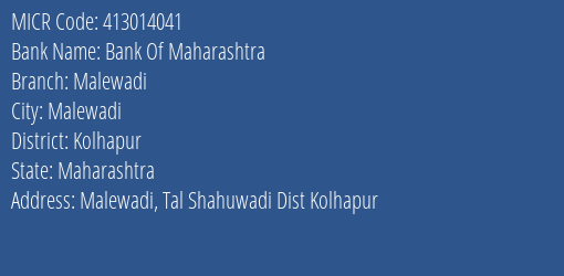 Bank Of Maharashtra Malewadi Branch Address Details and MICR Code 413014041