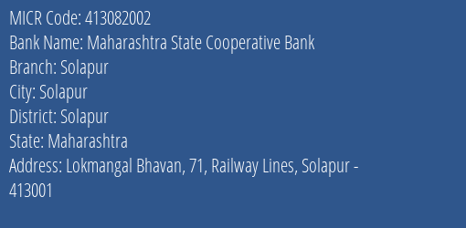 Maharashtra State Cooperative Bank Solapur MICR Code