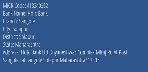Hdfc Bank Sangole Branch Address Details and MICR Code 413240352