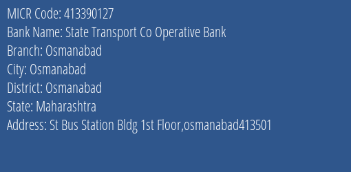 State Transport Co Operative Bank Osmanabad MICR Code