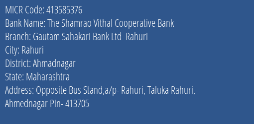 Gautam Sahakari Bank Ltd Rahuri MICR Code