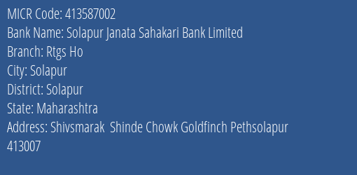 Solapur Janata Sahakari Bank Limited Rtgs Ho MICR Code