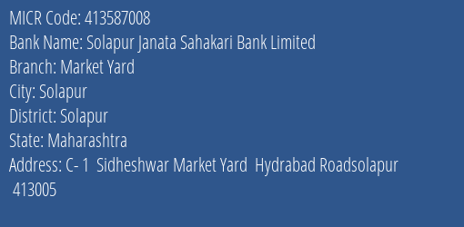 Solapur Janata Sahakari Bank Limited Market Yard MICR Code