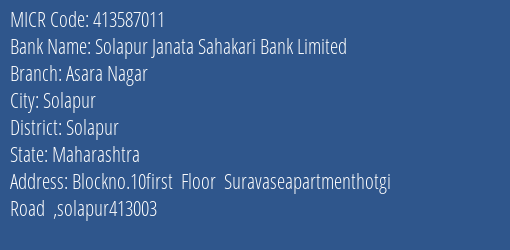 Solapur Janata Sahakari Bank Limited Asara Nagar MICR Code