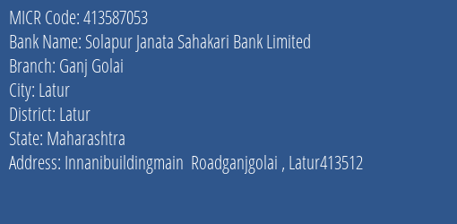 Solapur Janata Sahakari Bank Ganj Golai Branch Address Details and MICR Code 413587053