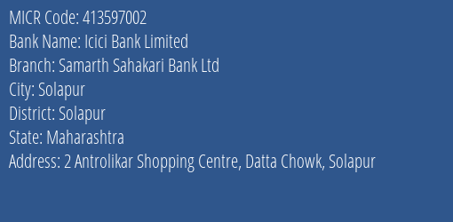 Samarth Sahakari Bank Ltd Datta Chowk MICR Code