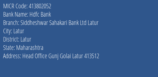 Siddheshwar Sahakari Bank Ltd Latur Head Office MICR Code