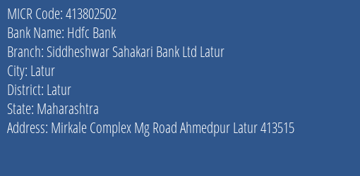 Siddheshwar Sahakari Bank Ltd Latur Ahmedpur MICR Code