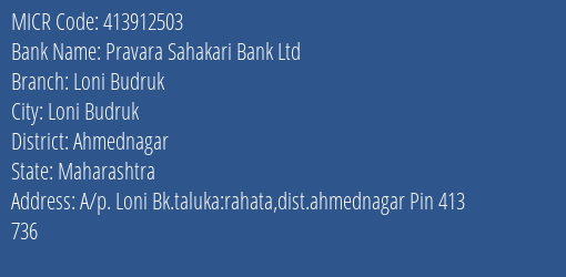 Pravara Sahakari Bank Ltd Loni Budruk MICR Code