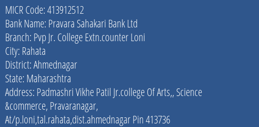 Pravara Sahakari Bank Ltd Pvp Jr. College Extn.counter Loni MICR Code