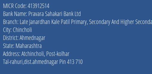Pravara Sahakari Bank Ltd Late Janardhan Kale Patil Primary Secondary And Higher Secondary School MICR Code