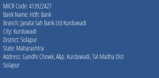 Hdfc Bank Janata Sah Bank Ltd Kurduwadi Branch Address Details and MICR Code 413922427