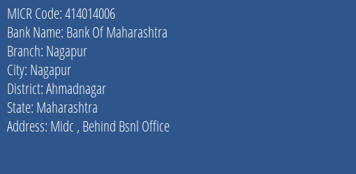 Bank Of Maharashtra Nagapur MICR Code
