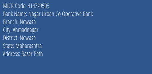 Nagar Urban Co Operative Bank Newasa MICR Code