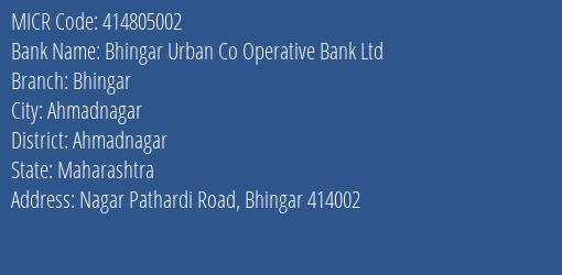 Bhingar Urban Co Operative Bank Ltd Bhingar MICR Code