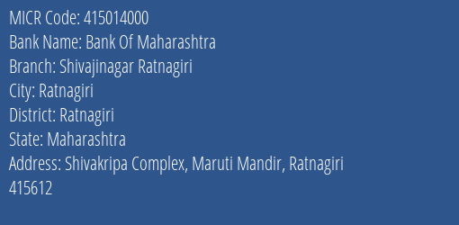 Bank Of Maharashtra Shivajinagar Ratnagiri MICR Code