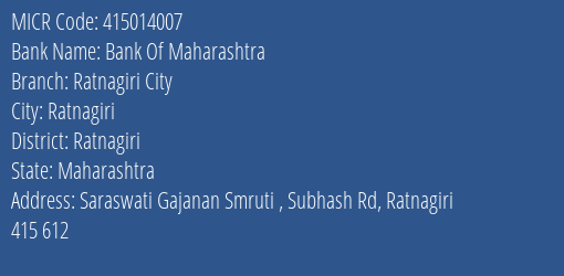Bank Of Maharashtra Ratnagiri City MICR Code