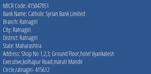Catholic Syrian Bank Limited Ratnagiri MICR Code