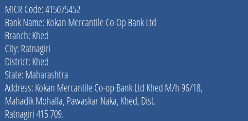 Kokan Mercantile Co Op Bank Ltd Khed MICR Code