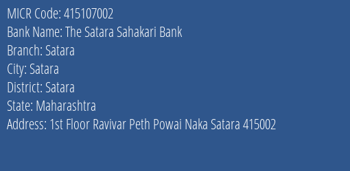 The Satara Sahakari Bank Satara MICR Code