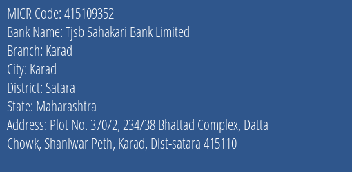 Tjsb Sahakari Bank Limited Karad MICR Code