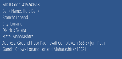 Hdfc Bank Lonand MICR Code