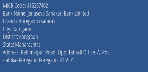 Janaseva Sahakari Bank Limited Koregaon Satara MICR Code