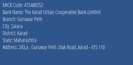 The Karad Urban Cooperative Bank Limited Guruwar Peth MICR Code
