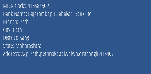 Rajarambapu Sahakari Bank Ltd Peth MICR Code