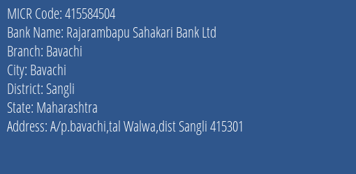 Rajarambapu Sahakari Bank Ltd Bavachi MICR Code