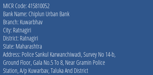The Shamrao Vithal Cooperative Bank Chiplun Urban Bank Kuwarbhav MICR Code