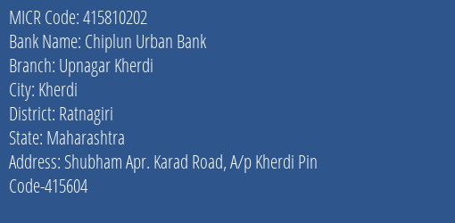 Chiplun Urban Bank Upnagar Kherdi MICR Code