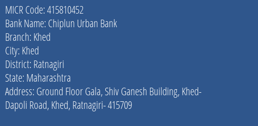 Chiplun Urban Bank Khed MICR Code