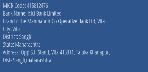 The Manmandir Co Operative Bank Ltd Vita MICR Code