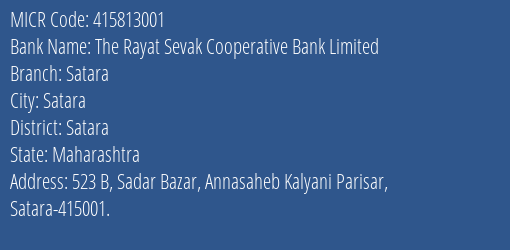 The Rayat Sevak Cooperative Bank Limited Satara MICR Code