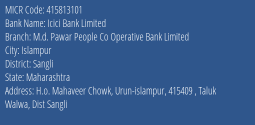 M D Pawar People Co Operative Bank Limited H.o. MICR Code