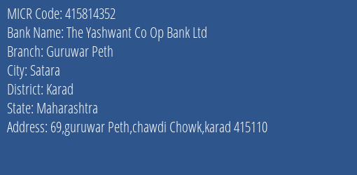 The Yashwant Co Op Bank Ltd Guruwar Peth MICR Code