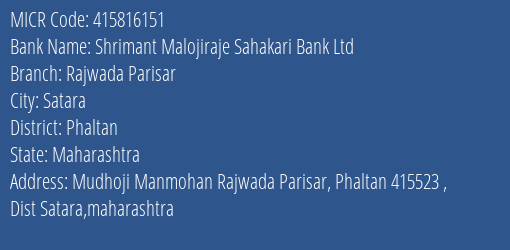 Shrimant Malojiraje Sahakari Bank Ltd Rajwada Parisar MICR Code