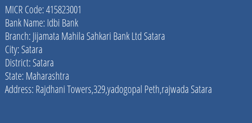 Jijamata Mahila Sahkari Bank Ltd Satara Rajwada MICR Code