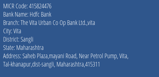 The Vita Urban Co Op Bank Ltd Mayani Road MICR Code