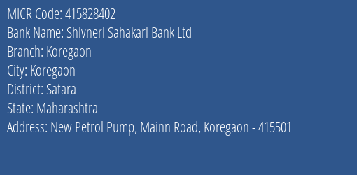 Shivneri Sahakari Bank Ltd Koregaon MICR Code