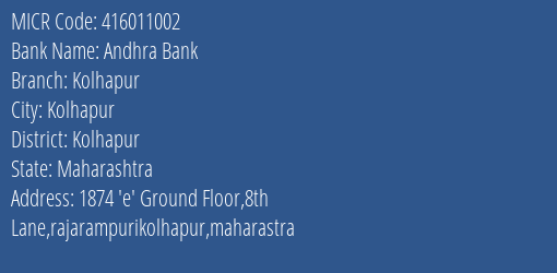 Andhra Bank Kolhapur Branch Address Details and MICR Code 416011002