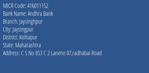 Andhra Bank Jaysinghpur Branch Address Details and MICR Code 416011152
