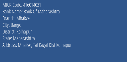 Bank Of Maharashtra Mhakve Branch Address Details and MICR Code 416014031